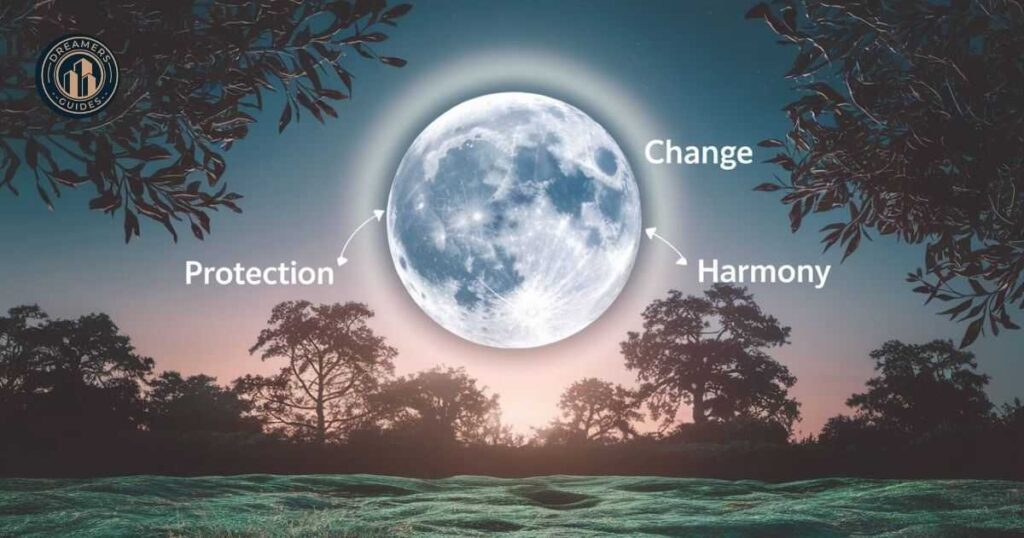 Moon halo with text overlay of spiritual meanings like protection, change, and harmony, set against a tranquil night sky.