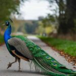 Peacock crossing a path, symbolizing spiritual awakening, transformation, and divine messages.