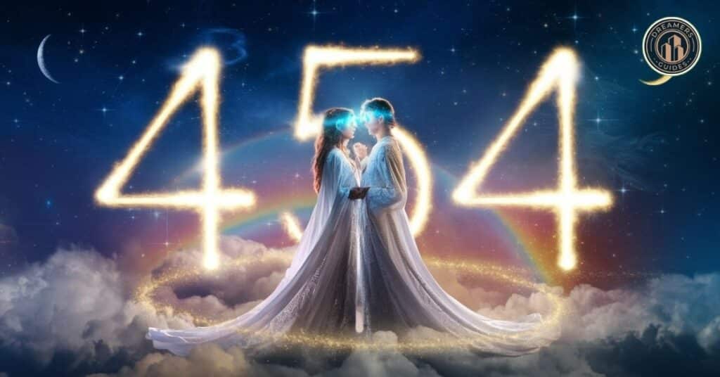 454 angel number twin flame glowing in celestial energy, symbolizing divine connection and spiritual awakening.