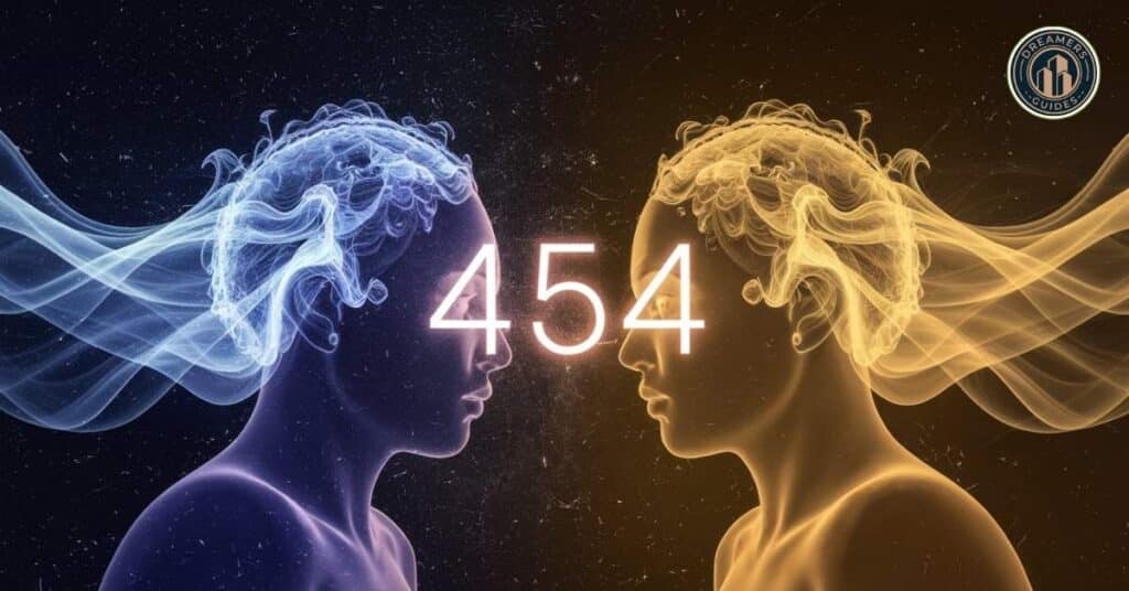 Sacred symmetry of 454 angel number twin flame, representing balance, transformation, and divine guidance.