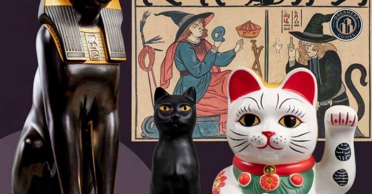 Black cats depicted in Egyptian, medieval, and Japanese cultures, symbolizing the evolving black cat spiritual meaning in history.