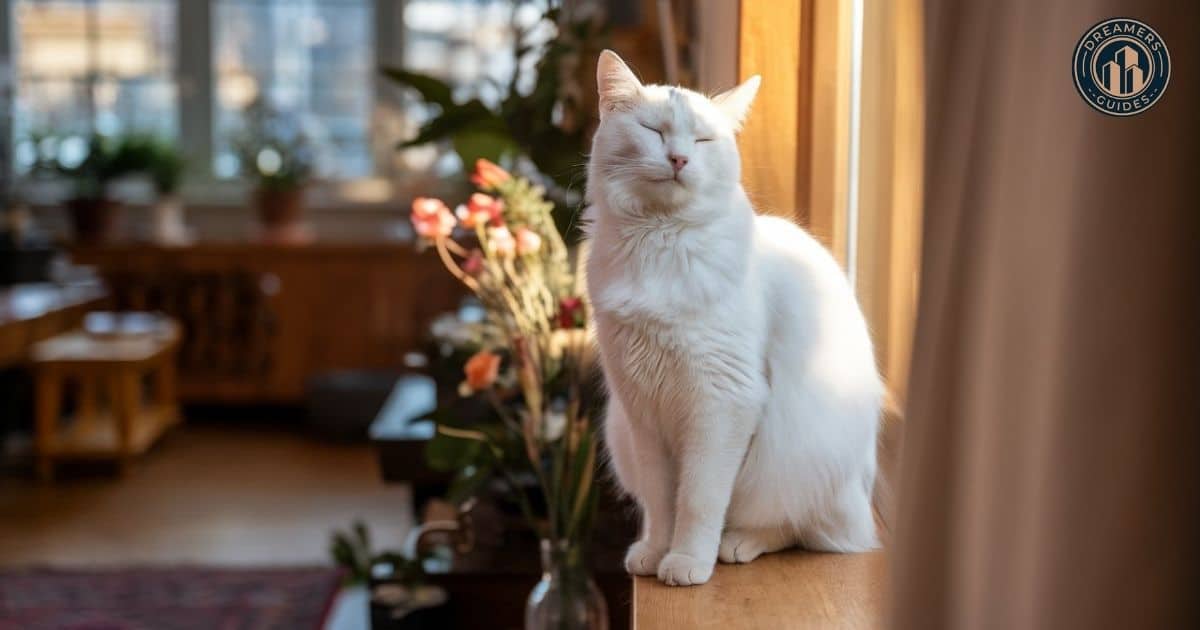 White cat basking in golden light, symbolizing positivity and spiritual blessings.