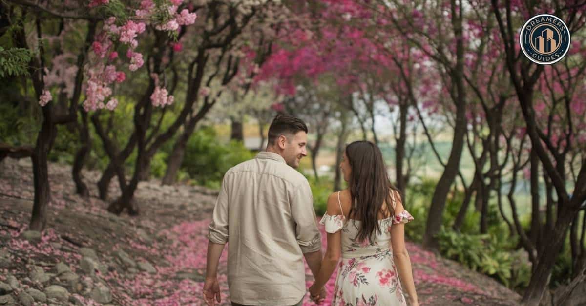 Couple walking in nature representing the 344 angel number twin flame message of harmony and spiritual growth in relationships.