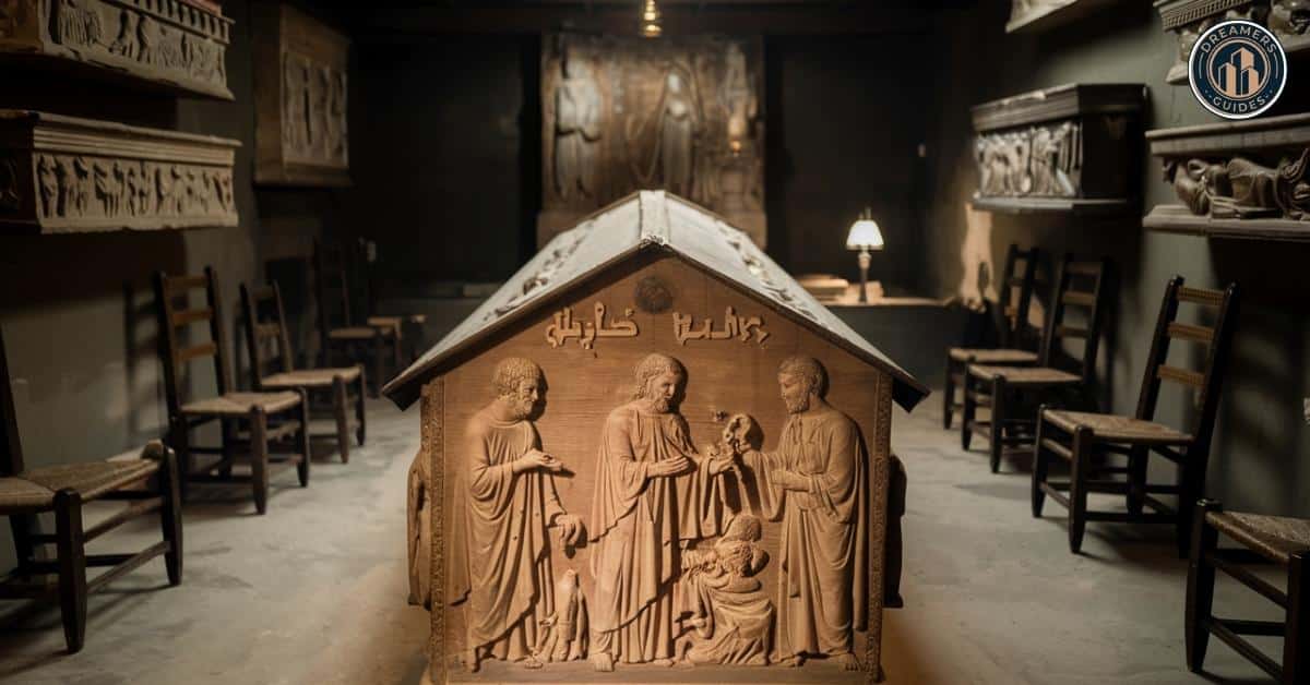 Wooden coffin with biblical carvings symbolizing Joseph's story and spiritual transformation in the Bible.