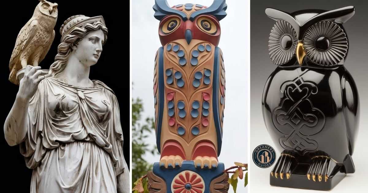 Cultural depictions of owls in Greek mythology, Native American traditions, and feng shui symbolism.