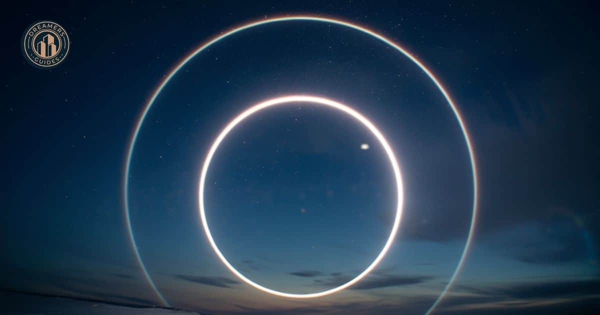 Double halo around the moon, symbolizing heightened spiritual protection and cosmic guidance in the night sky.