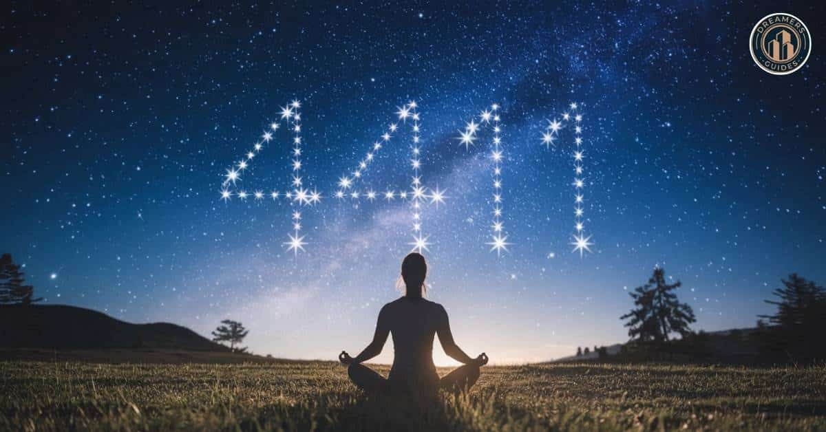 Meditating under a starry sky with the 4411 angel number formed by stars, symbolizing spiritual growth and divine alignment.