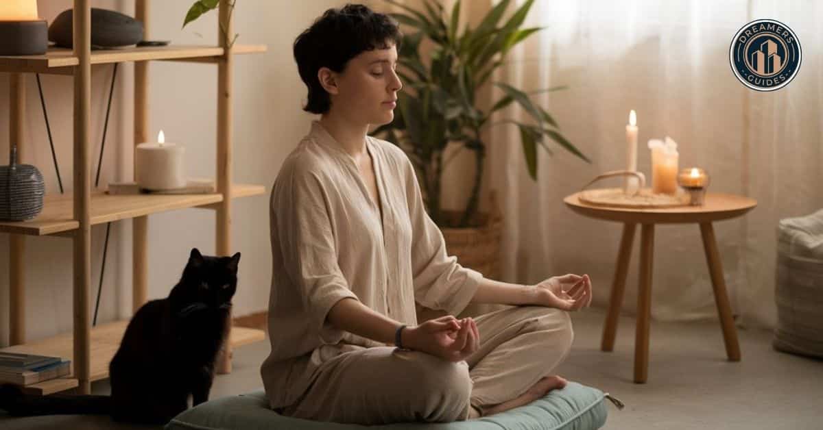 Person meditating with a black cat nearby, embodying the black cat spiritual meaning of spiritual alignment and intuitive connection.