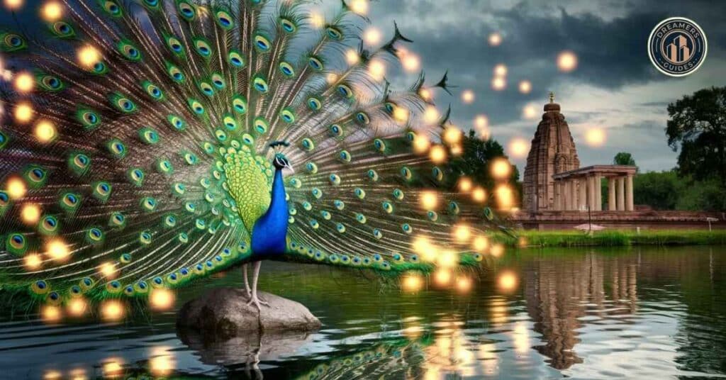 Peacock in dream with vibrant feathers symbolizing spiritual renewal and divine glory.