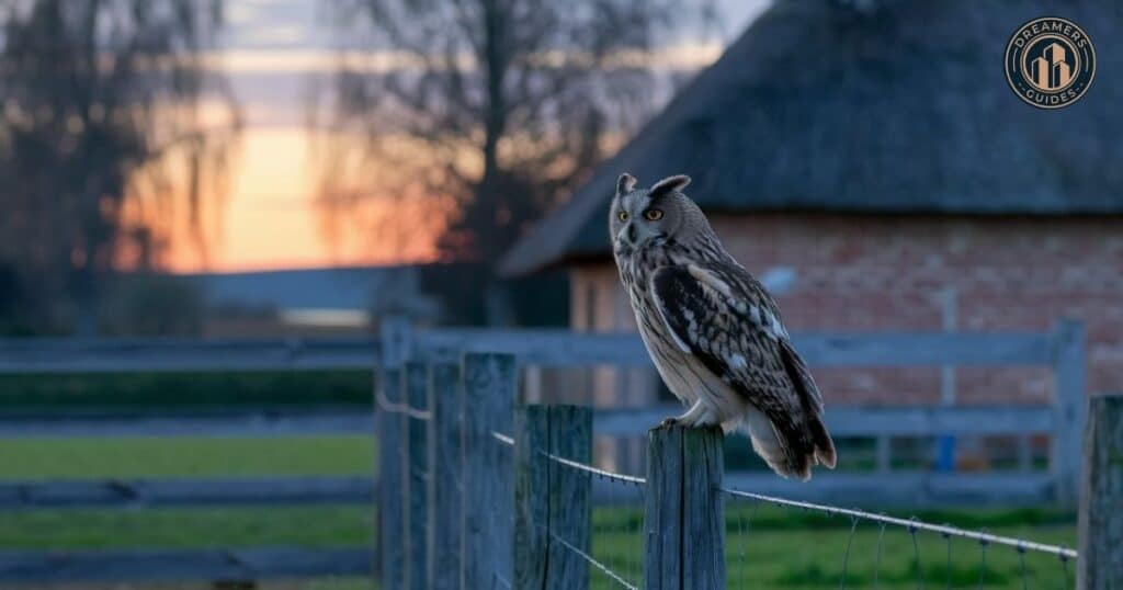 Owl near a home at twilight, representing personal reflection and intuitive messages.