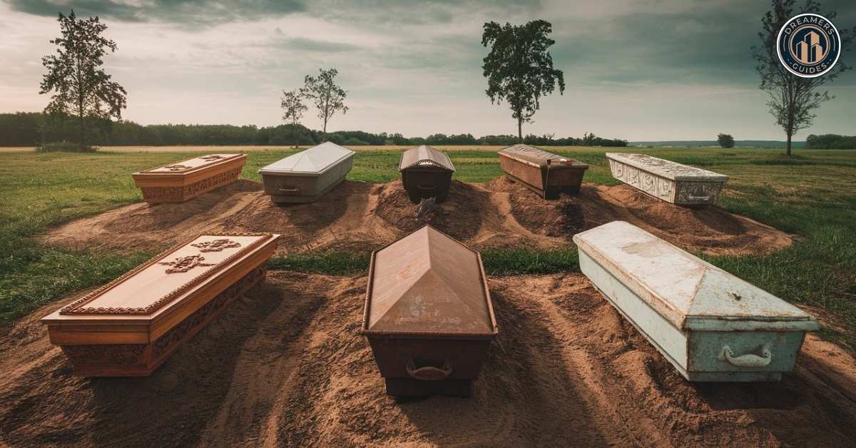 Symbolic coffins of wood and metal in a dreamscape, reflecting transformation and spiritual reflection in dreams.