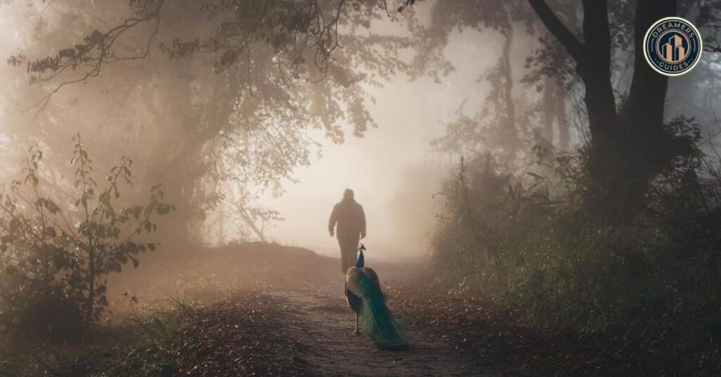 Peacock in dream guiding a figure on a misty path, symbolizing transformation and self-discovery.