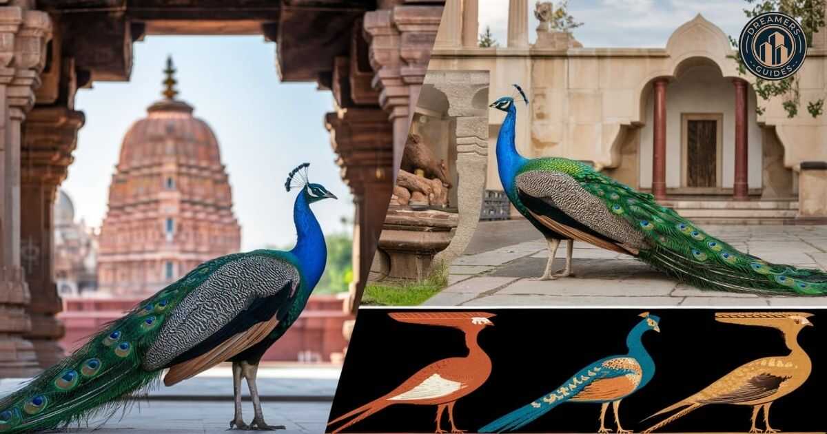 Peacock symbolism across cultures: Hindu temple, medieval Europe, and ancient Greek art highlighting spirituality, royalty, and divine protection.