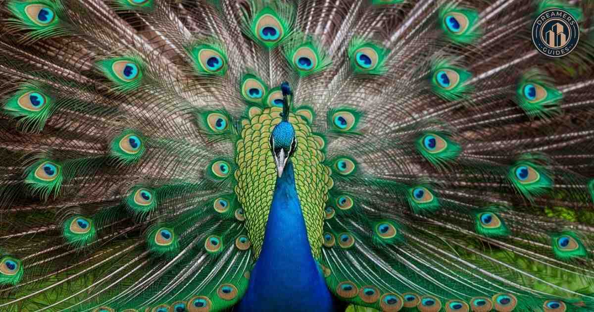 Close-up of peacock feathers with eye patterns, symbolizing wisdom, beauty, and spiritual vision.