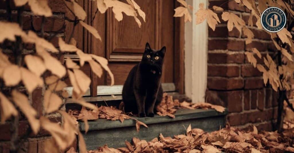 Stray black cat on a doorstep symbolizing transformation and the black cat spiritual meaning of personal change.