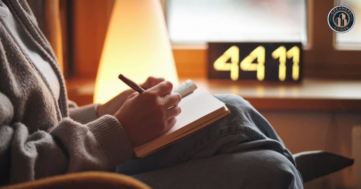 Person journaling with 4411 angel number glowing on a clock, symbolizing reflection and practical application in daily life.