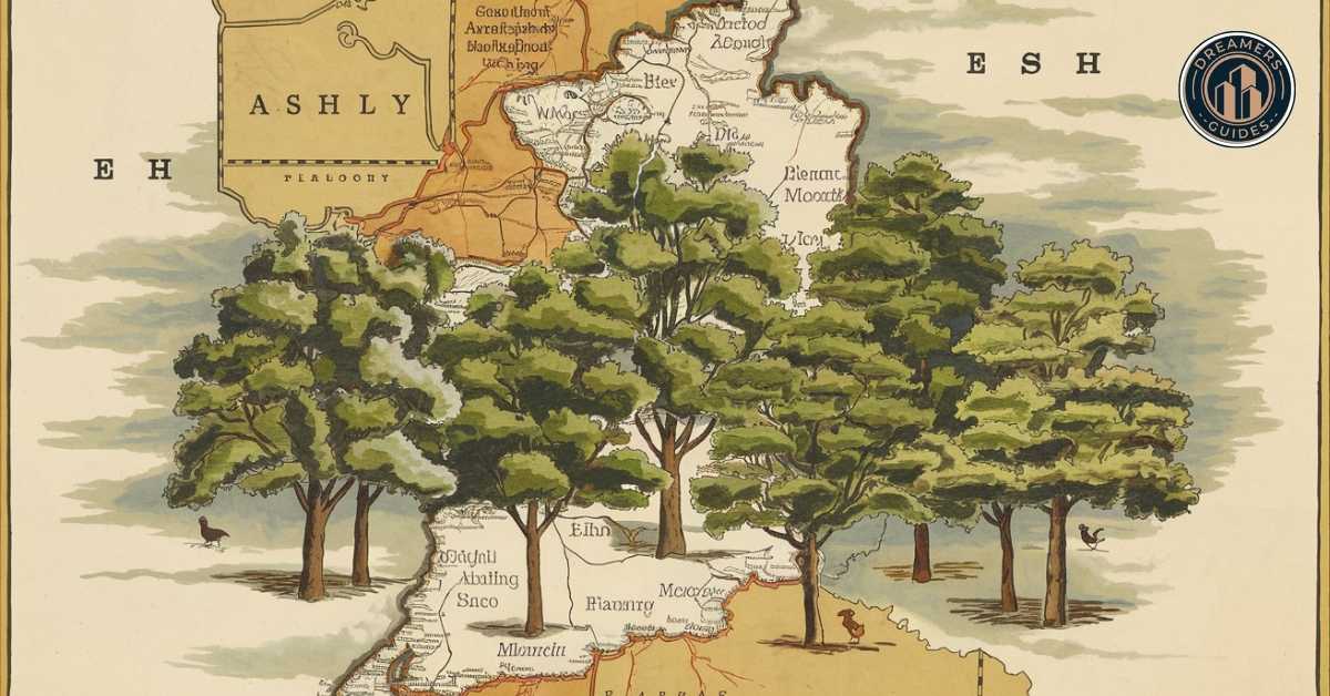 Vintage map with ash tree illustration symbolizing Ashley’s Old English roots and journey to modern cultural relevance.