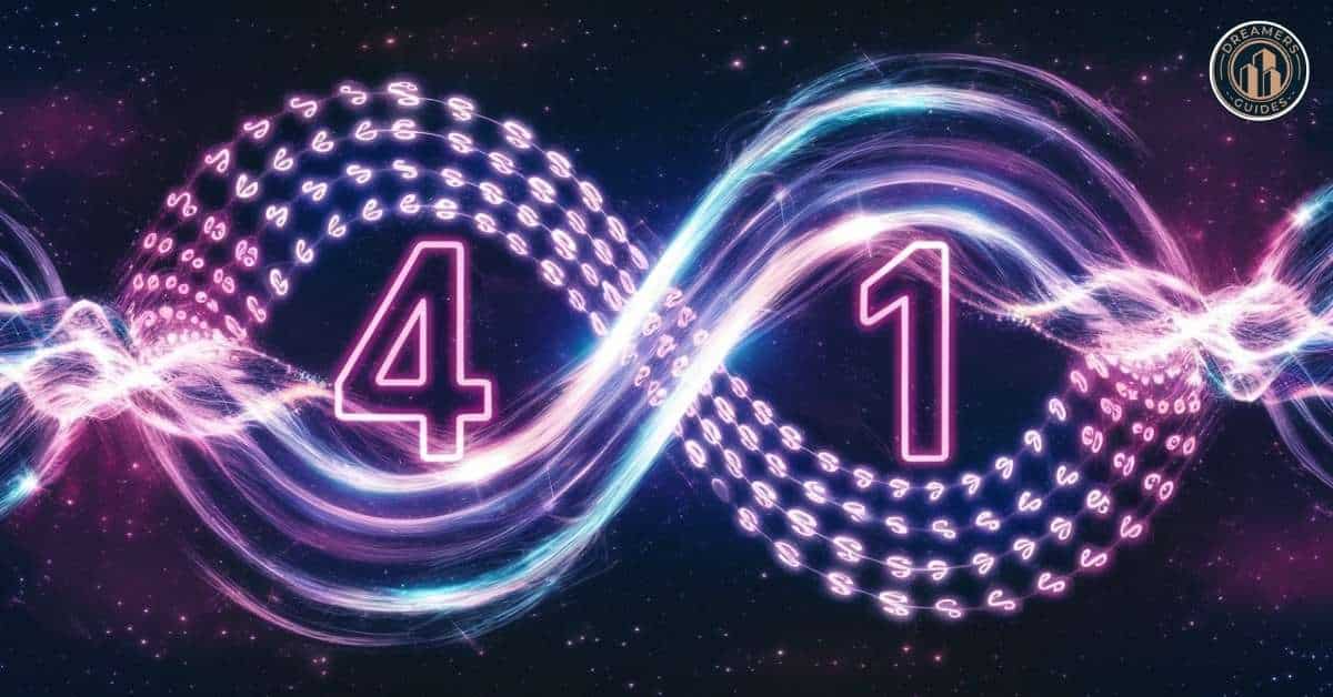 Repeating 4 and 1 in an infinity loop with cosmic waves, illustrating the amplified energy of the 4411 angel number.