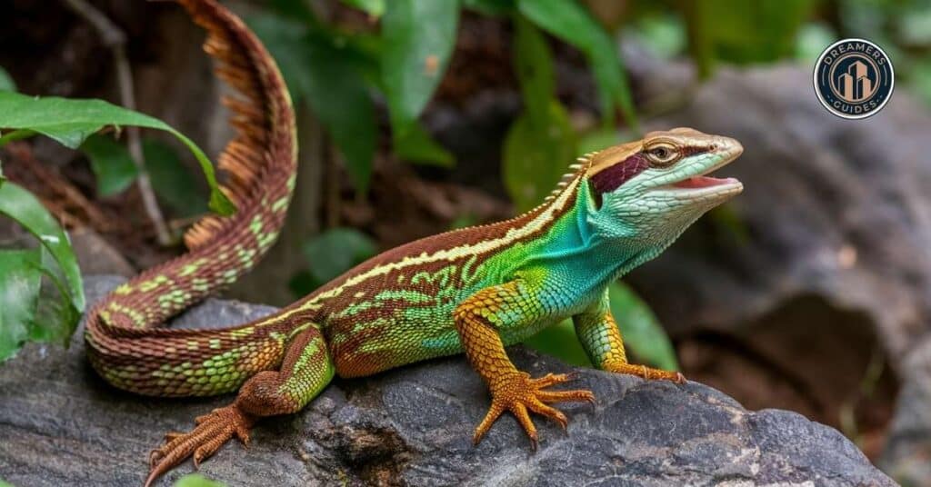 Skink lizard symbolizing transformation and renewal with vibrant scales and tail shedding in the wild.