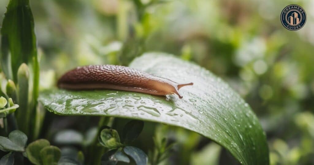 Dreamlike slug on a leaf symbolizing introspection and emotional release.