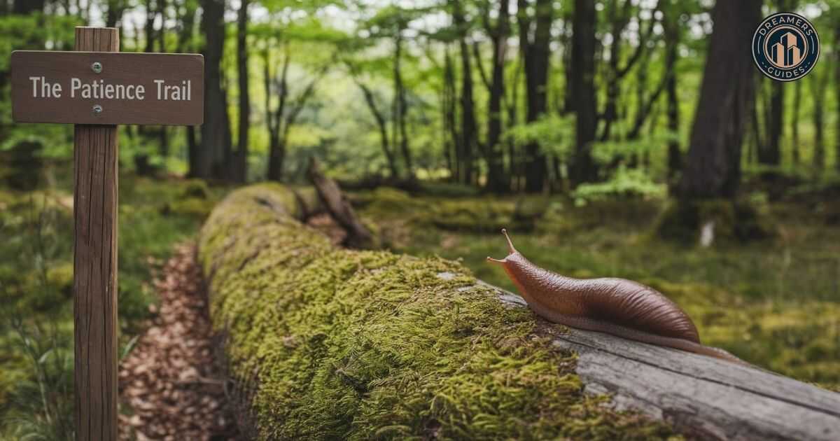 Slug on a forest path representing patience and slow progress in spirituality.