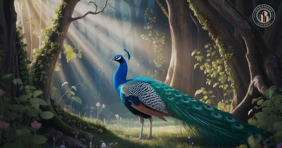 Peacock in a mystical forest, representing spiritual renewal, rebirth, and divine guidance.