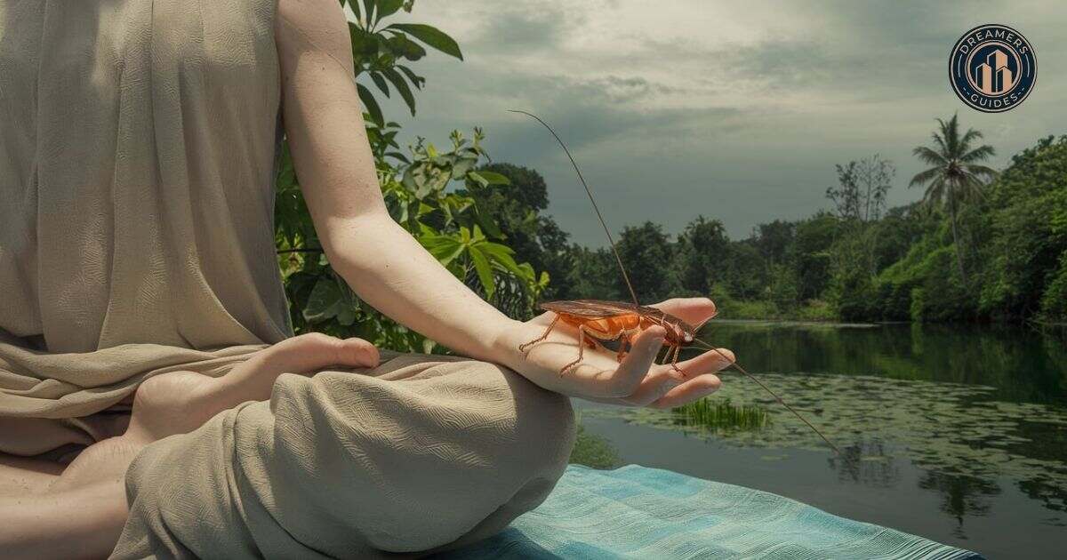 Person meditating with a cockroach on their hand, symbolizing spiritual transformation and adaptability.