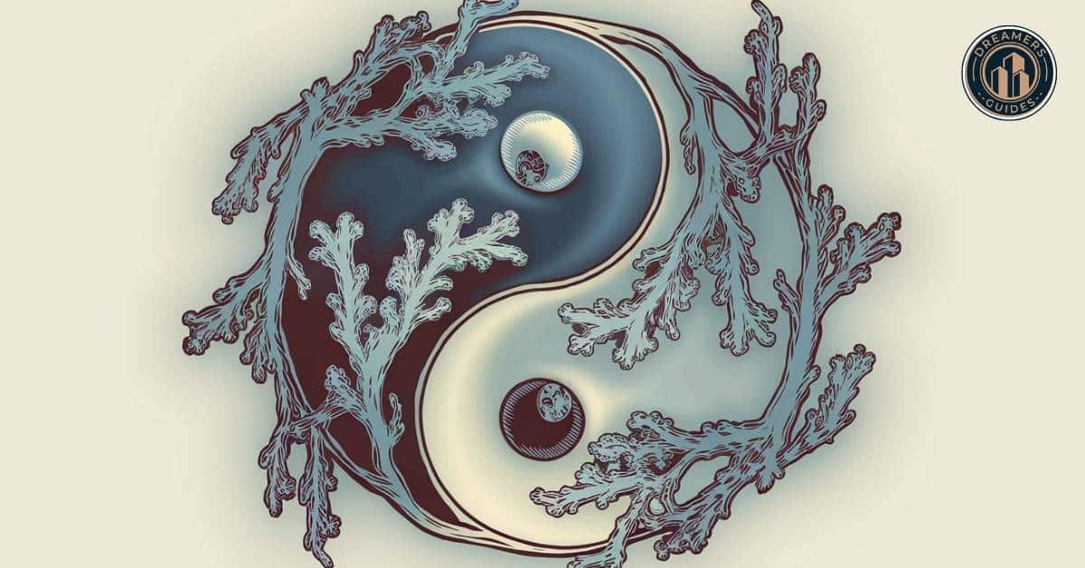 Yin-yang symbol entwined with ash tree branches, embodying the duality and spiritual significance of the name Ashley.