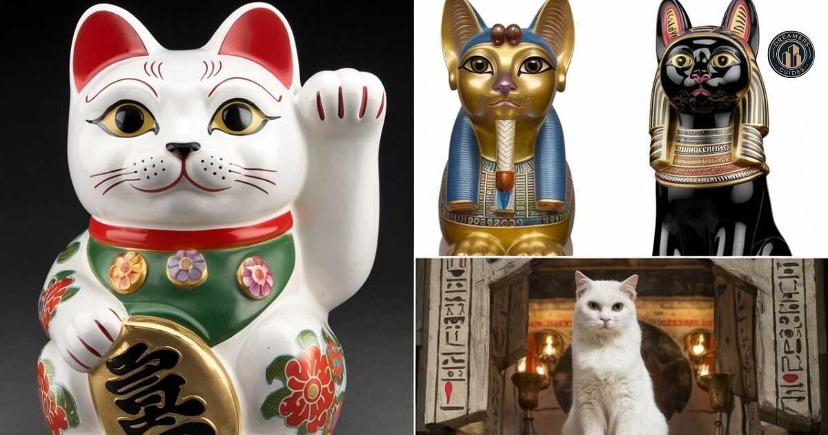 Cultural symbolism of white cats: Japanese Maneki-neko, Egyptian Bastet, and European folklore.