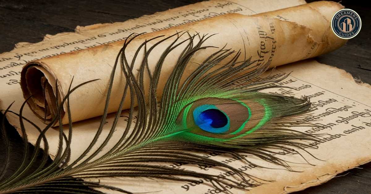 Peacock feather on ancient scroll reflecting biblical and cultural symbolism of the peacock in dream interpretations.