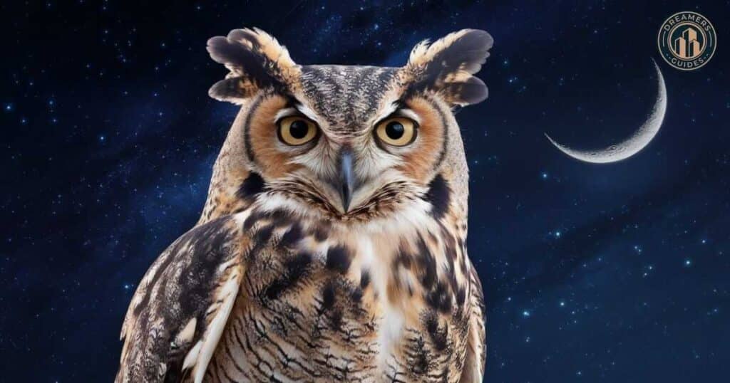 Owl flying through moonlit woods, symbolizing spiritual guidance and nighttime wisdom.