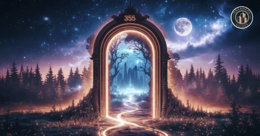 355 angel number spiritual journey depicted as a glowing doorway leading to transformation and growth for twin flames.