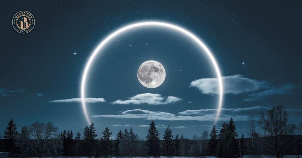 Lunar halo encircling the full moon in a starry night sky, symbolizing spiritual meaning and celestial mystery.