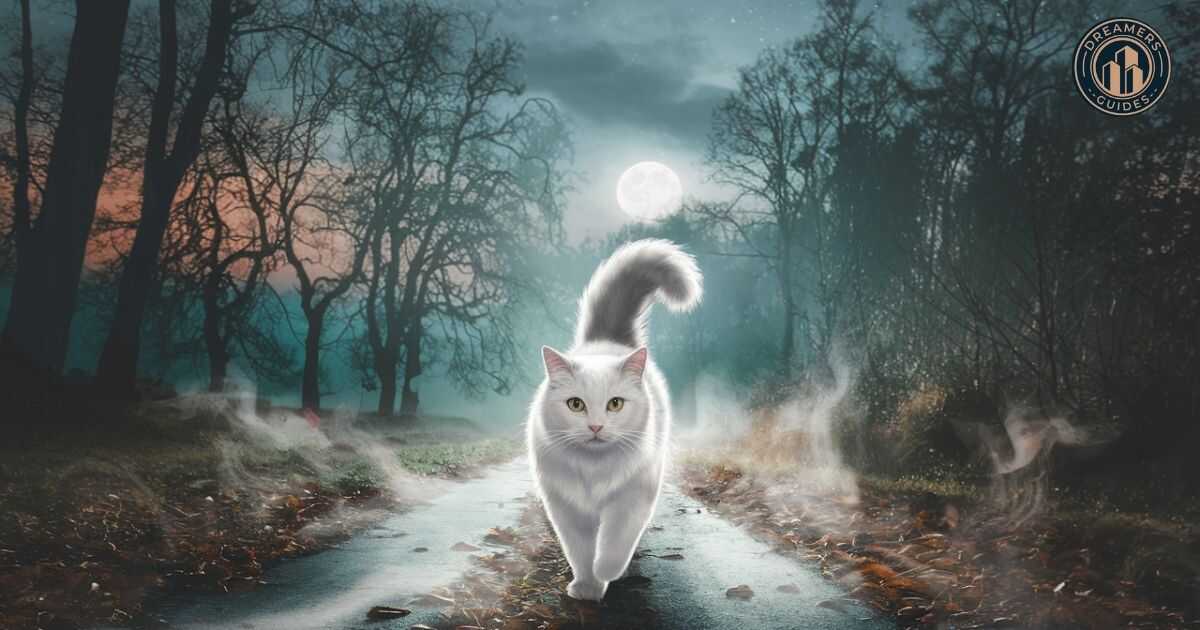 White cat in a dreamlike moonlit setting, symbolizing spiritual guidance and transformation.