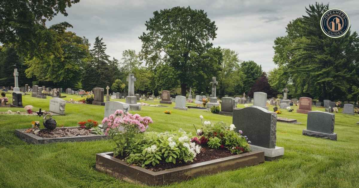 A serene graveyard with blooming flowers, representing the spiritual meaning of graveyard in dreams in modern Christian thought.