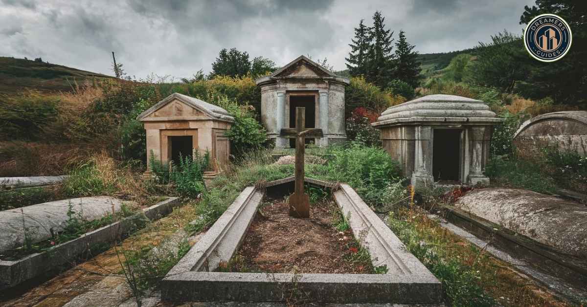 A biblical burial site with an open tomb, reflecting resurrection and the spiritual meaning of graveyard in dreams.