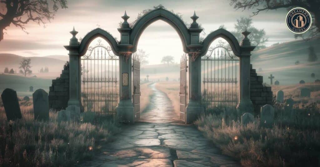 A glowing cemetery gate representing personal dream symbols and the deeper spiritual meaning of graveyard in dreams.