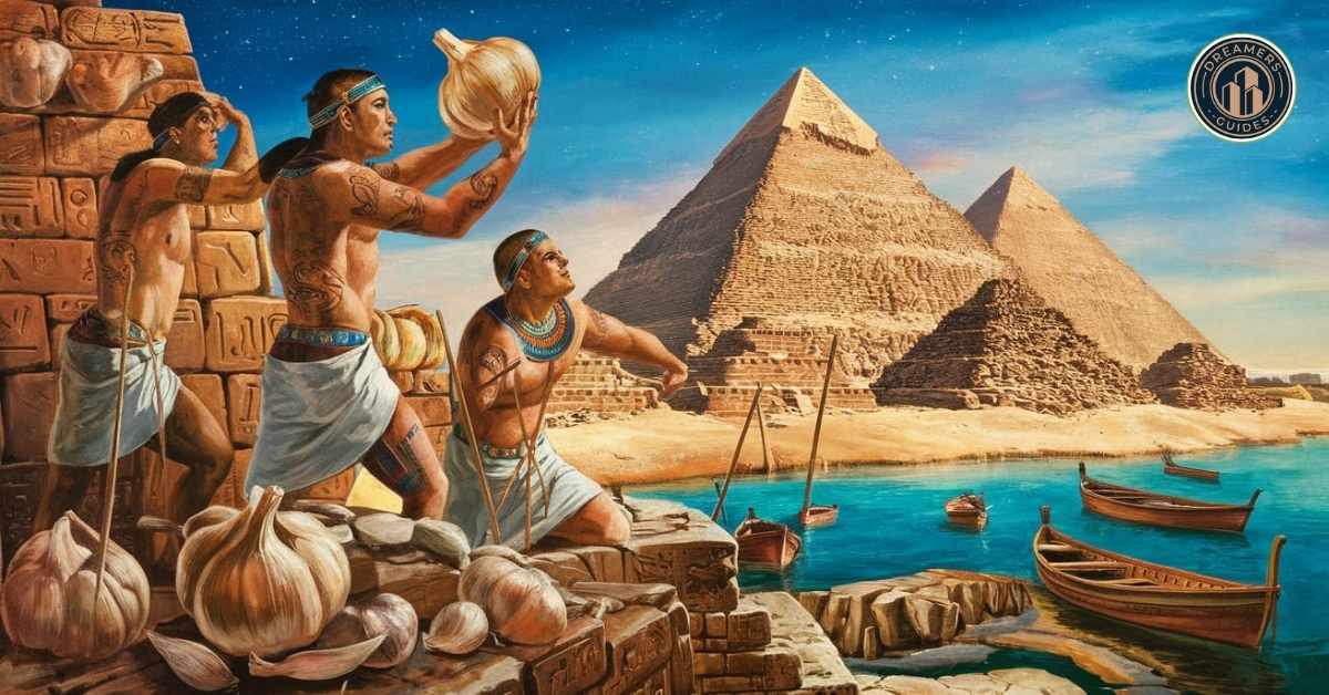 Egyptian workers eating garlic for strength and protection during pyramid construction.