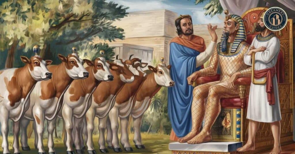 Joseph interpreting Pharaoh’s dream about the seven cows, showcasing biblical prophecy and food symbolism in dreams.