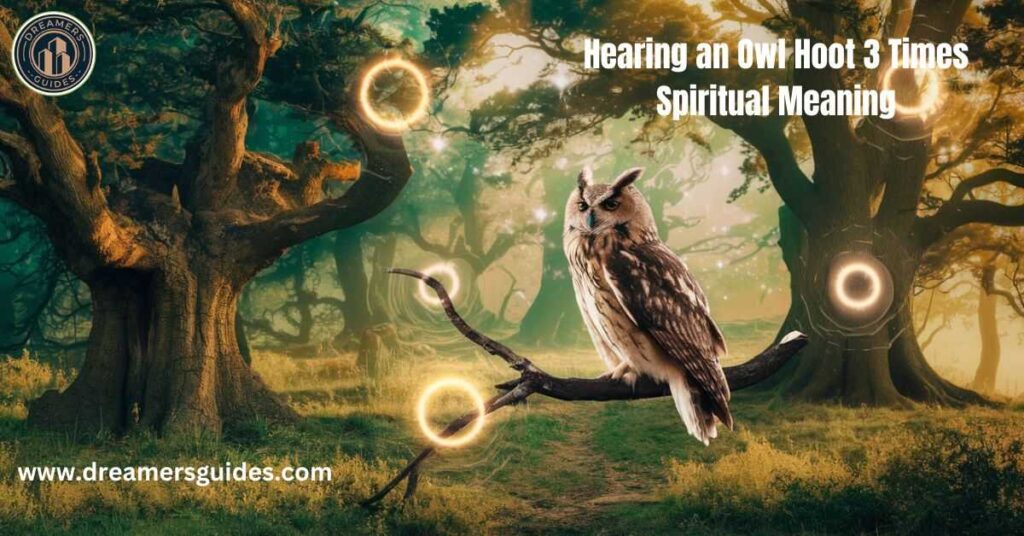 hearing an owl hoot 3 times  - An owl hooting three times in a mystical forest, symbolizing transformation and spiritual awakening.