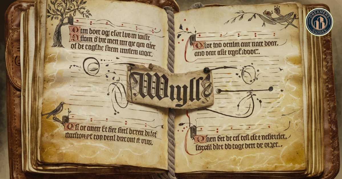 Ancient manuscript showcasing the historical origins of the word 'wyll' from Old English.