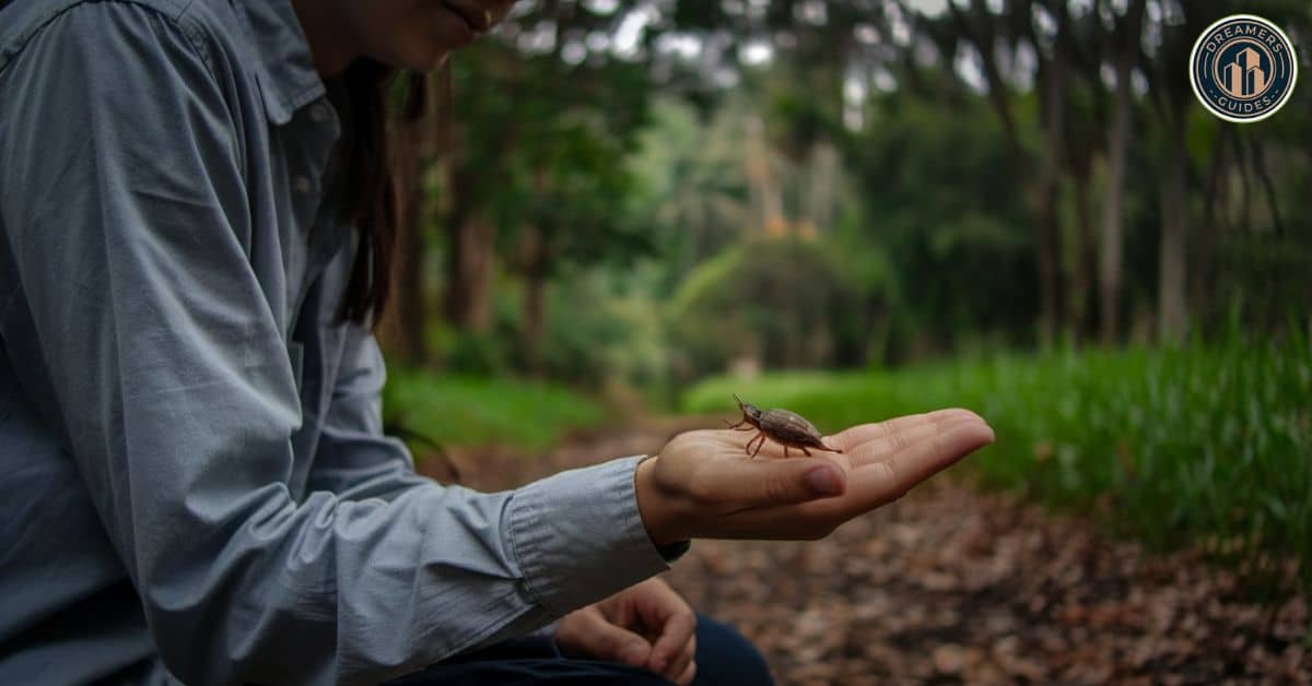 A roly poly bug on a human hand, symbolizing divine messages and nature’s spiritual guidance.