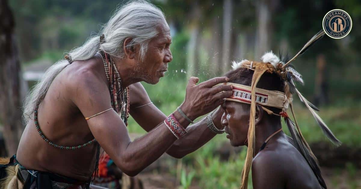 is spitting in someone's mouth a soul tie Tribal elder blessing a younger individual through a sacred saliva-sharing ritual in spiritual tradition.