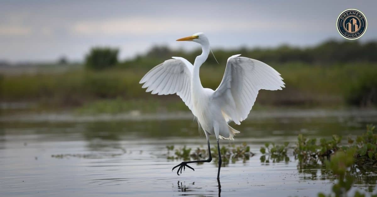 White Egret with wings spread wide, symbolizing patience, prosperity, and independence.