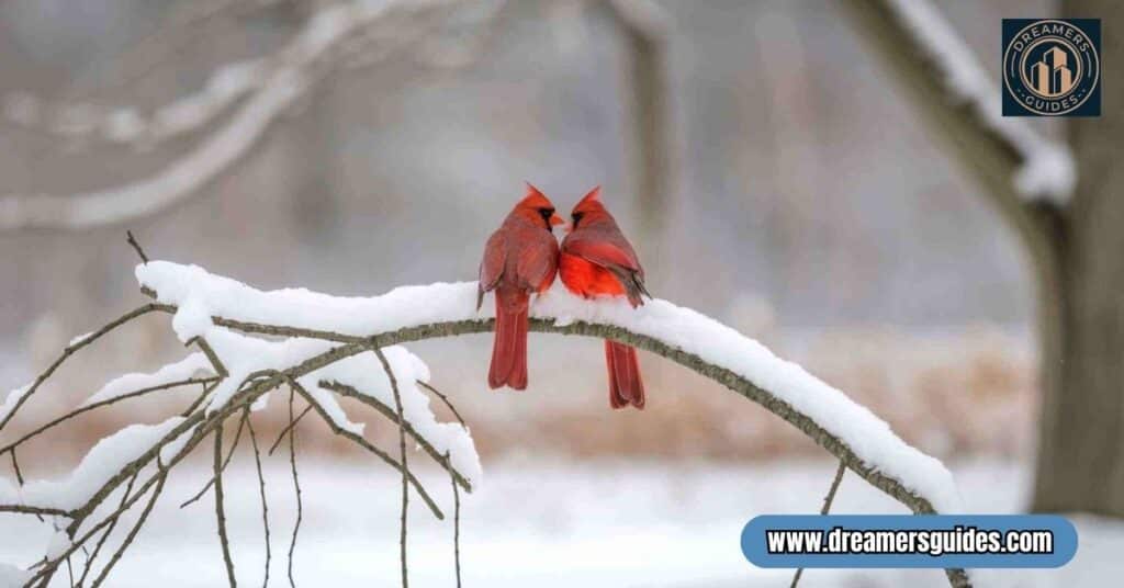 2 red cardinals on a snowy branch, symbolizing spiritual harmony and divine messages.