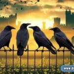 Six black crows perched at sunrise, representing omens, spiritual messages, and transformation.