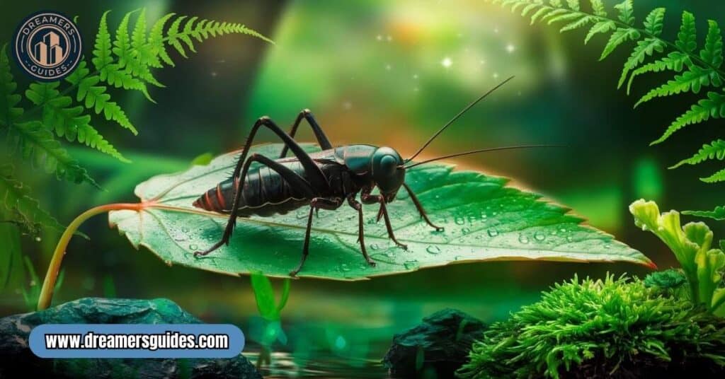 Black cricket on a leaf representing Black Cricket Spiritual Meaning and spiritual transformation.