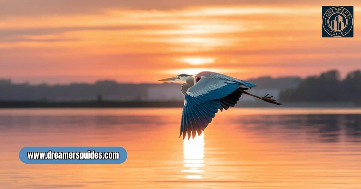 Blue heron soaring at sunrise, representing spiritual guidance, intuition, and self-discovery.