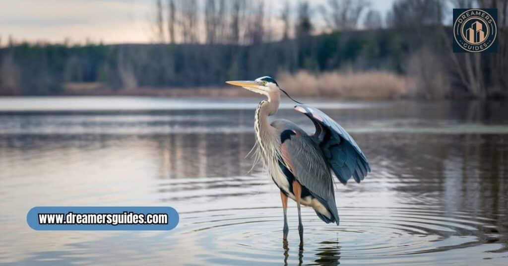 Blue heron in water, symbolizing spiritual awakening, mindfulness, and inner transformation.