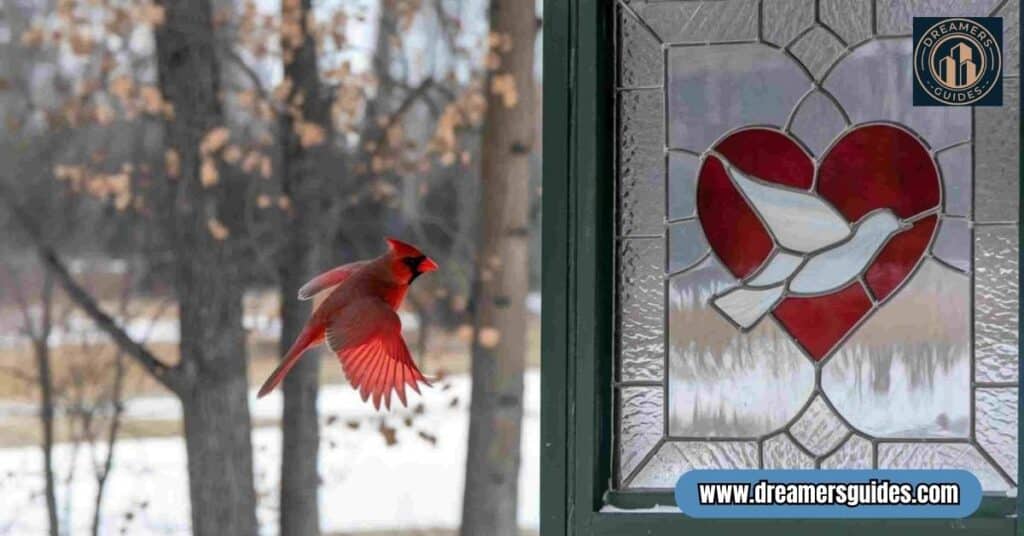 Red cardinal flying toward a window, representing sudden spiritual awakening and divine communication.